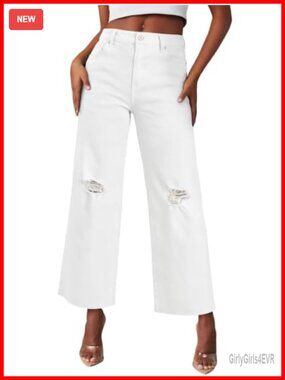 High Waisted Wide Leg Ripped Cropped Stretchy Jeans with Pockets